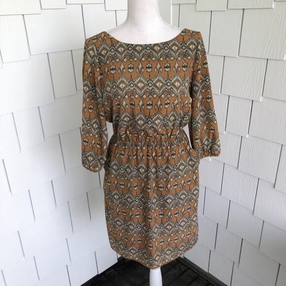 Cremieux Women's Tan Multi Cinched Waist Side Pocket Deep V-Back Dress sz XS - Picture 1 of 3